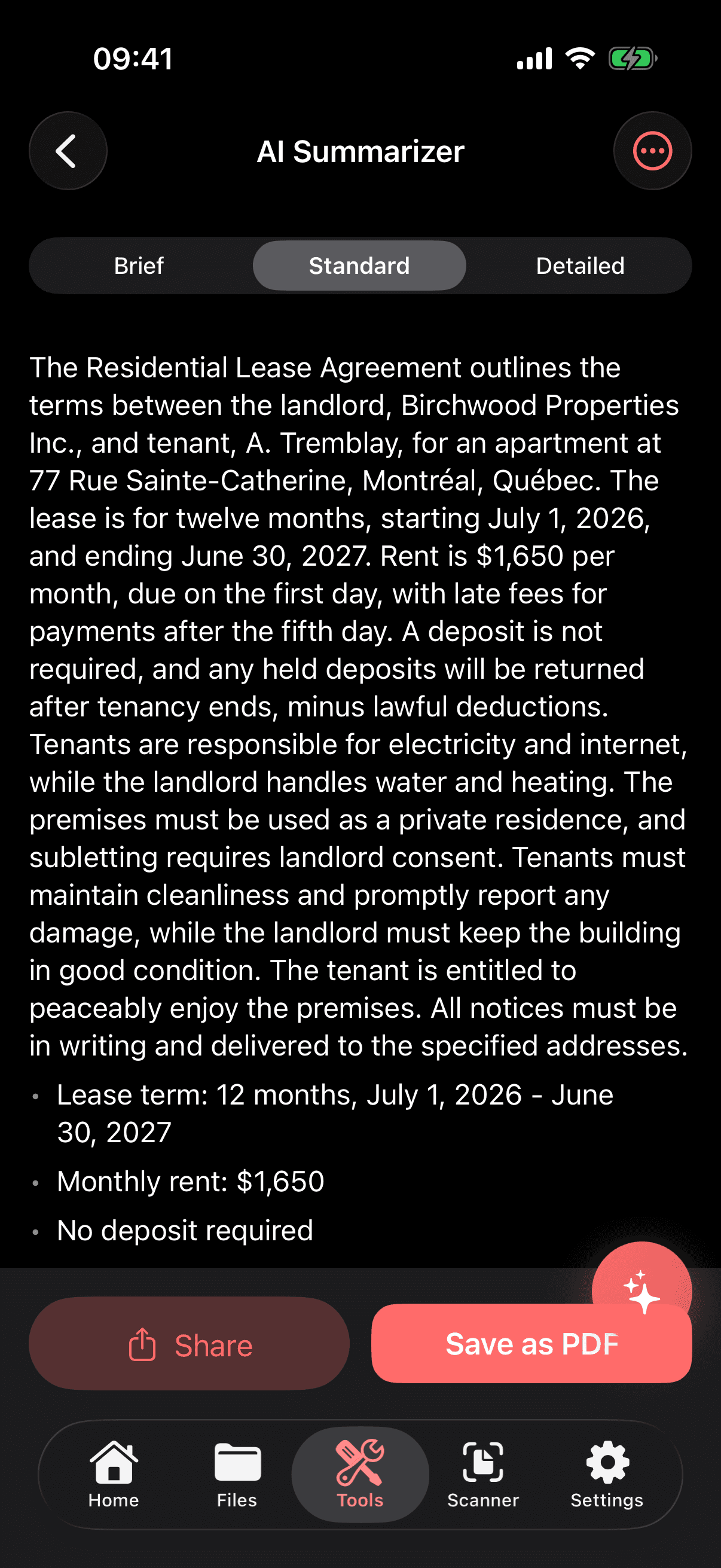 An on-device AI summary of a lease